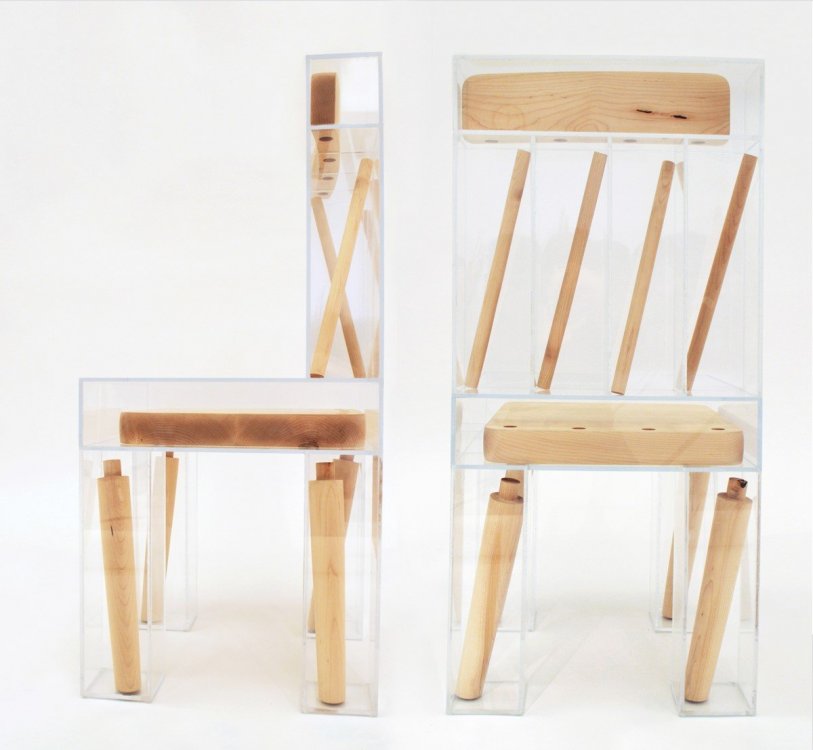 Стул Exploded Chair работы дизайнера Джойси Ли. Каркас выполнен из древесины ясеня, оболочка – акриловое стекло